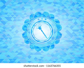 magic stick icon inside realistic sky blue emblem. Mosaic background