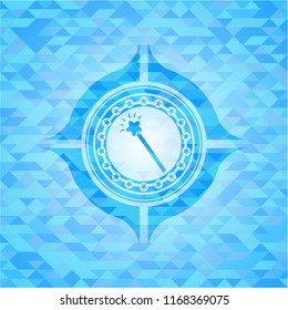 magic stick icon inside realistic sky blue emblem. Mosaic background