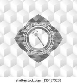 magic stick icon inside realistic grey emblem with cube white background