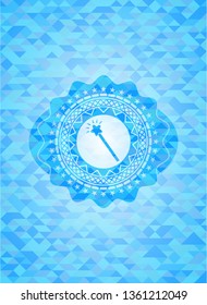 magic stick icon inside realistic sky blue emblem. Mosaic background