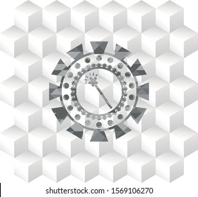 magic stick icon inside realistic grey emblem with cube white background