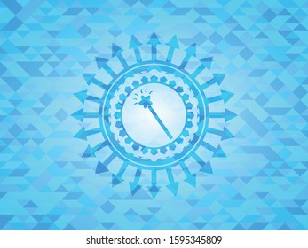 magic stick icon inside realistic light blue emblem. Mosaic background
