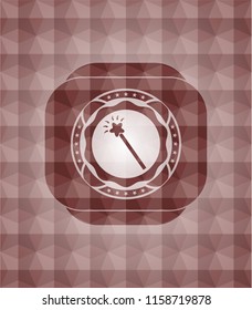 magic stick icon inside red seamless geometric emblem.