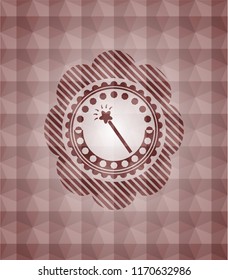 magic stick icon inside red emblem with geometric pattern. Seamless.