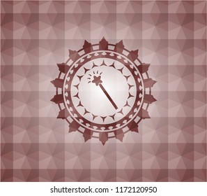 magic stick icon inside red emblem or badge with abstract geometric pattern background. Seamless.