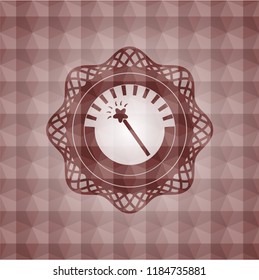 magic stick icon inside red seamless emblem or badge with abstract geometric pattern background.