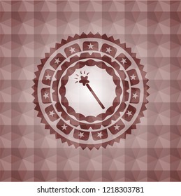 magic stick icon inside red emblem with geometric background. Seamless.