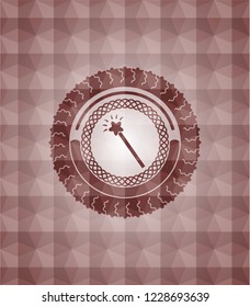 magic stick icon inside red seamless geometric emblem.