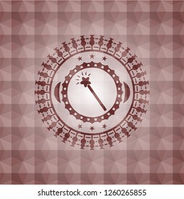 magic stick icon inside red emblem or badge with geometric pattern background. Seamless.