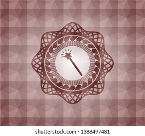 magic stick icon inside red geometric pattern emblem. Seamless.