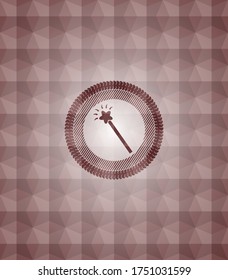 magic stick icon inside red emblem with geometric pattern background. Seamless. 