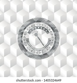 magic stick icon inside retro style grey emblem with geometric cube white background