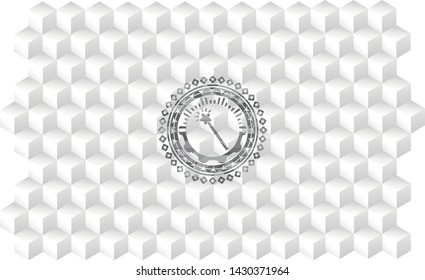 magic stick icon inside retro style grey emblem with geometric cube white background