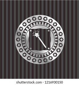 magic stick icon inside silver badge or emblem