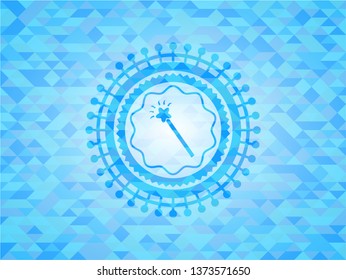 magic stick icon inside sky blue emblem. Mosaic background