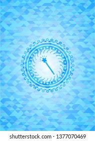 magic stick icon inside sky blue emblem. Mosaic background