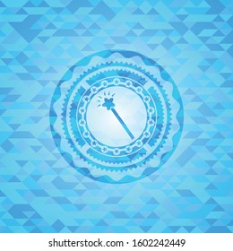 magic stick icon inside sky blue emblem. Mosaic background