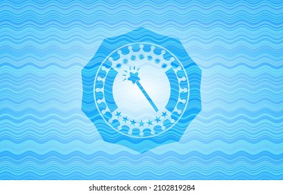 magic stick icon inside sky blue water wave badge background. 