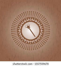 magic stick icon inside vintage wooden emblem