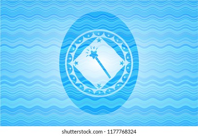 magic stick icon inside water wave style badge.
