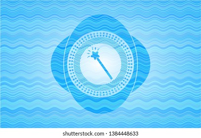 magic stick icon inside water wave concept style badge.