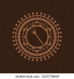 magic stick icon inside wooden emblem. Vintage.