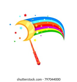 Magic stick moon with many stars and colorful rainbow, vector flat cartoon illustration isolated on white background