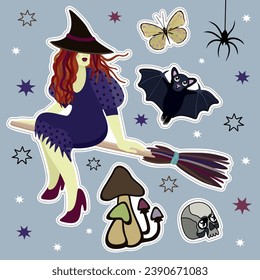 Magic sticker set. Young witch, bat, butterfly, spider, toxic mushrooms and skull surrounded with stars.