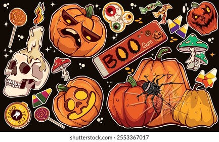 Zauberaufkleber für Halloween. Set von gruseligen Aufklebern, Patches im Cartoon-Stil. Hexenbonbons, Schädel, Zombie, Grab, Kürbis, Spinne, Pilze.