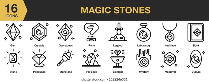 Conjunto de iconos de Magic Stone. Incluye medieval, misterio, collar, péndulo, precioso, runa y más. Colección de Vector de iconos de contorno.