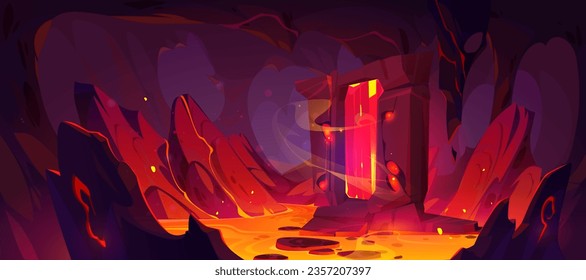 Magic stone portal and lava inside volcano. Vector cartoon illustration of hot orange substance flowing between rocky walls, burning magma around fantasy gate to hell, adventure game level background