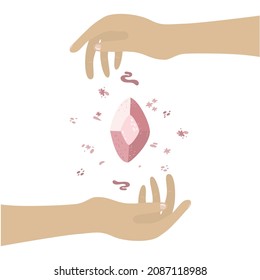 Magic stone sparkles and soars above  hand. hands hold a crystal, a magical stone. illustration for spiritual practices, alchemy, alternative medicine