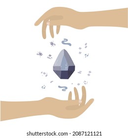 Magic stone sparkles and soars above  hand. hands hold a crystal, a magical stone. illustration for spiritual practices, alchemy, alternative medicine