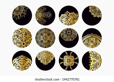 Magic story highlight covers. Boho social media mystic minimal icons, simple gold hand drawn. Vector illustration. Suitable for yoga center, psychologist, stylist, lifestyle blog, beauty master. 