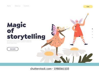 Magic of storytelling concept of landing page with cute fairies, forest elves, floral pixies with magical wounds. Adorable fiction creatures. Fairytale and mythology. Flat vector illustration