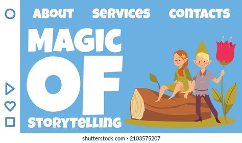 Magic of storytelling web banner layout with cute fairy pixies characters, flat vector illustration. Fairy folklore childrens stories webpage template.