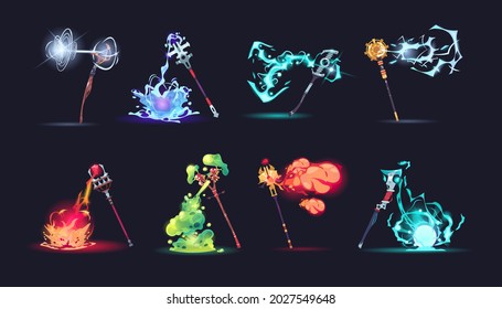 Magic stuff with effects. Cartoon wizard weapon with different colorful fire or explosions. Game arms collection. Isolated scepters with magical battle spells. Vector sorcerer sticks set