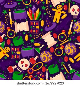 Magic stuff seamless pattern, banner. Witchcraft flat equipment, skull, potion, hat, doll, trick, device vector illustration. Wrapping design paper, packaging for sorcery item stuff