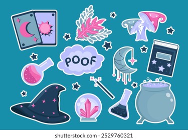 Magic stuff stickers set. Witch hat, magic cards, cauldron and mushrooms. Witchcraft and sorcery. Esoteric, imagination and fantasy. Flat vector collection isolated on blue background