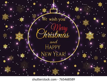 Magic and Stylish New Year 2022 card with gold Christmas ball and golden snowflakes. Winter celebration banner, poster with frame and decoration. Vector illustration.