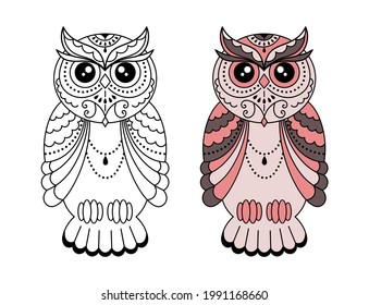 Magic stylized zentangle owl, doodle illustration for coloring. Decorative wild bird. Black outline on white background