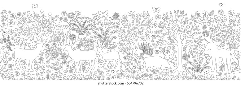 Magic summer forest. Black and white coloring page with deer, elk, unicorn trees and flowers.