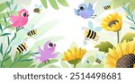 Magic summer garden background with birds bees and sunflowers for kids. Cute frame design for children with copy space, empty in the middle. Vector illustration in watercolor style.