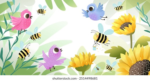 Magic summer garden background with birds bees and sunflowers for kids. Cute frame design for children with copy space, empty in the middle. Vector illustration in watercolor style.