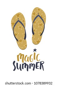 Magic summer. Golden flip flops with text on white background. Summer vector illustration.