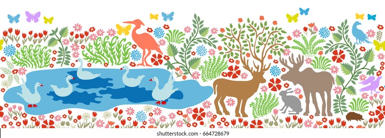 Magic summer lake. Seamless pattern for wall painting and fresco. Fantasy birds and animals in the forest. Deer, elk, herons, cranes, ducks, swans and blooming floral carpet on white background.