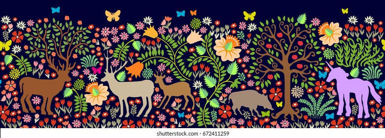 Magic summer night. Seamless pattern for wall painting and fresco inspired by folk art. Fantasy animals in the dark forest. Deer, roe, boar, trees, blooming floral carpet.	
