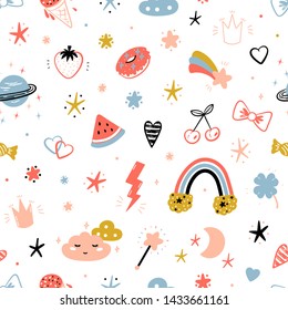 Magic Summer Vector Background for Kids Fashion. Seamless Pattern with Cute Summer Symbols. Doodle Space Sky with Rainbow, Clouds and Stars. Sweet Food, Fruits and Berries