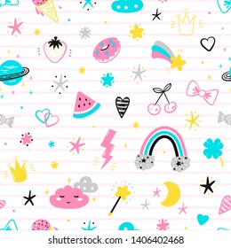 Magic Summer Vector Striped Background for Kids Fashion. Seamless Pattern with Cute Summer Symbols. Doodle Space Sky with Rainbow, Clouds and Stars. Sweet Food, Fruits and Berries