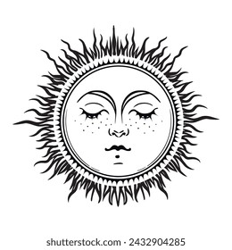 Magic sun with face and rays, boho celestial astrology logo, zodiac tattoo, tarot symbol. Magic hand drawn vector illustration isolated on white background.